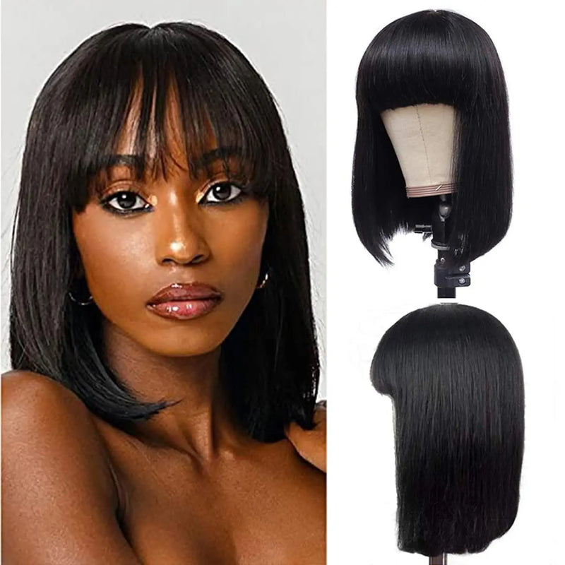 Straight Bob Wig With Bangs Easy Wear And Go Glueless Wigs None Lace Front Full Machine Made Wigs Human Hair Natural Black Hair