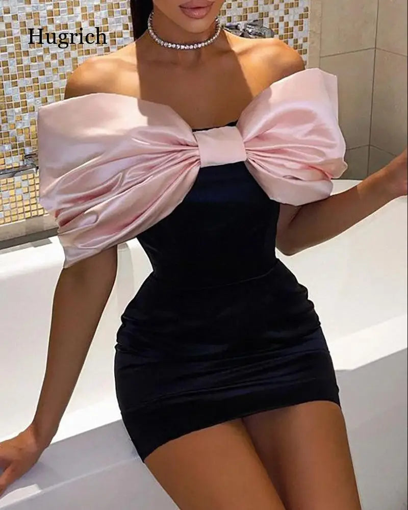 2021 New Fashion European and American Style Women White Pink Bow Design Tight Dress Lady Party Black Mini Dress