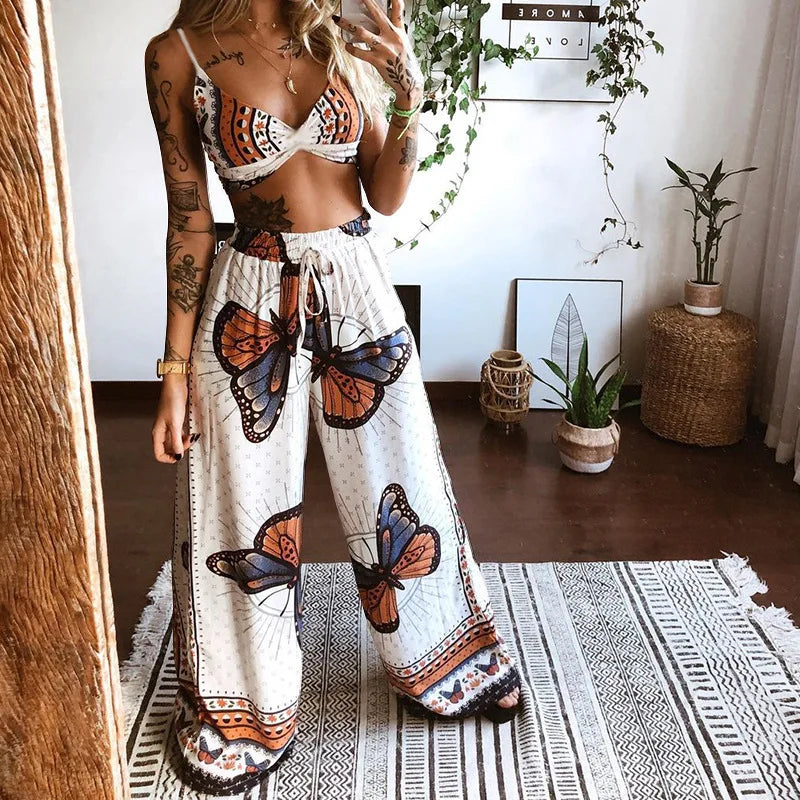 Butterfly Print Pants Sets High Street Summer Women Two Pieces Outfits Strap Bra Bustier+High Waist Wide Leg Pants Chic Lady Set