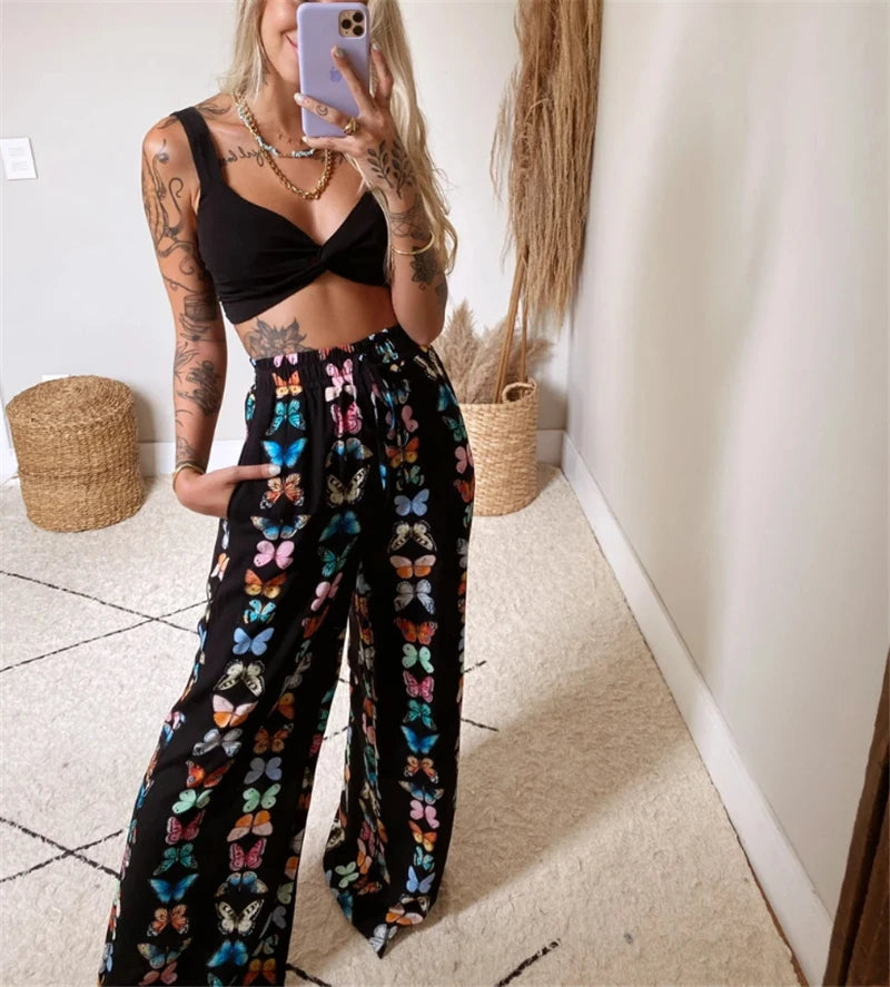 Butterfly Print Pants Sets High Street Summer Women Two Pieces Outfits Strap Bra Bustier+High Waist Wide Leg Pants Chic Lady Set
