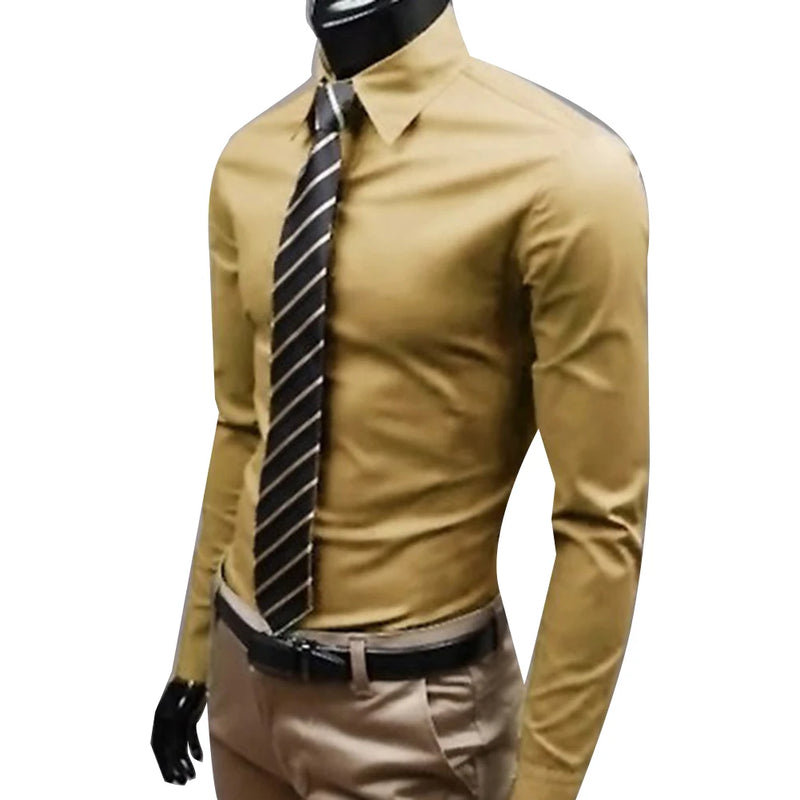 Men Dress Shirt New Fashion Men Solid Color Business Long Sleeve Men Button Turn Down Collar Shirt Top Polyester