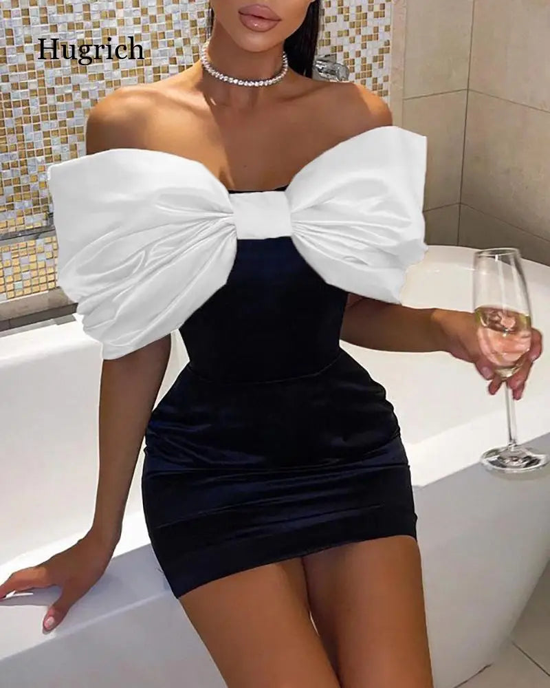 2021 New Fashion European and American Style Women White Pink Bow Design Tight Dress Lady Party Black Mini Dress
