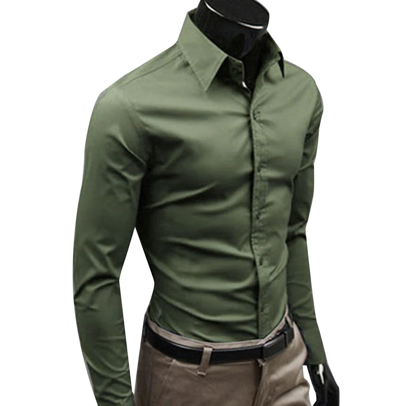 Men Dress Shirt New Fashion Men Solid Color Business Long Sleeve Men Button Turn Down Collar Shirt Top Polyester