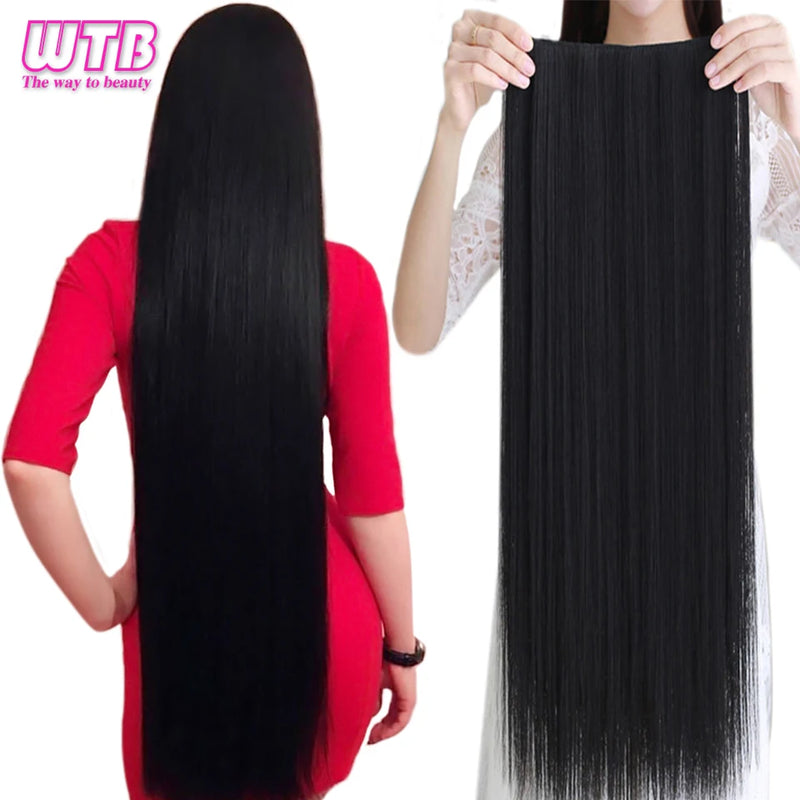 WTB Synthetic 100cm 5 Clip In Hair Extension Heat Resistant Long Straight Black Fake Hairpiece for Women Natural Fake Hair 5 Siz