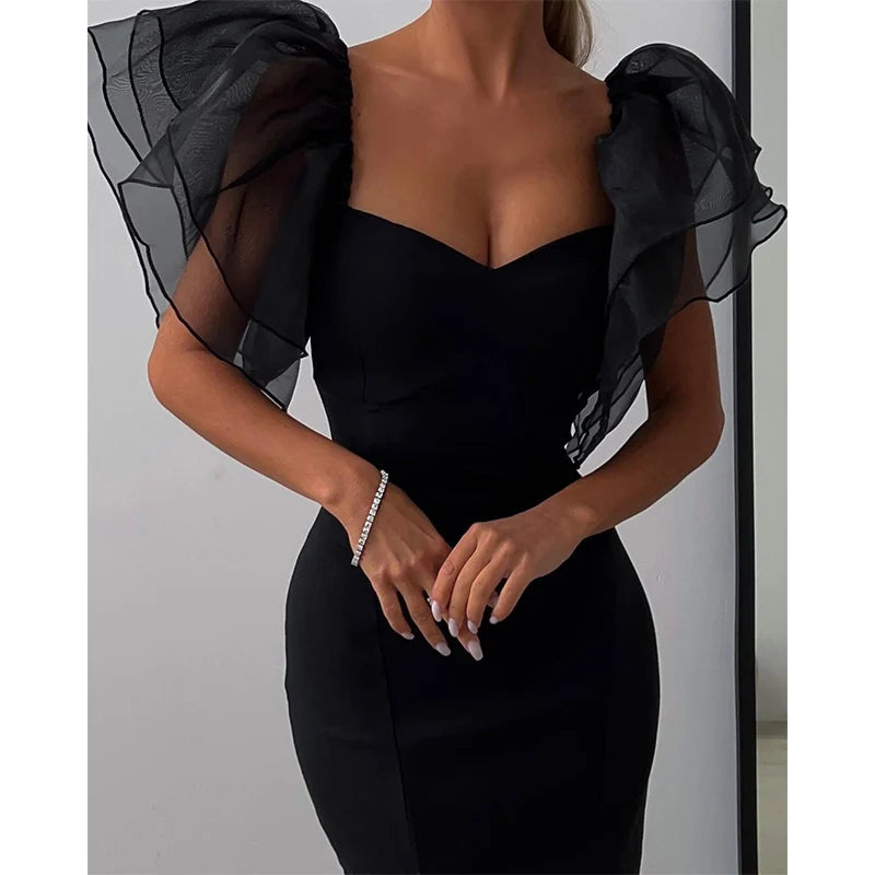 Mesh Butterfly Sleeve Sheath Bodycon Dress Women Square Neck Midi Robe Femme Solid Black Vestidos Mujer Sexy Lady Party Dresses