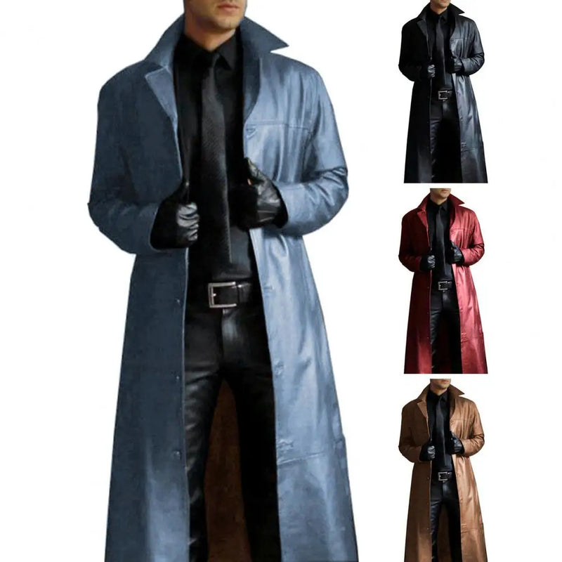 Men Faux Leather Jacket Stylish Men's Faux Leather Trench Coat with Turn-down Collar Windproof Design Slim Fit for Long