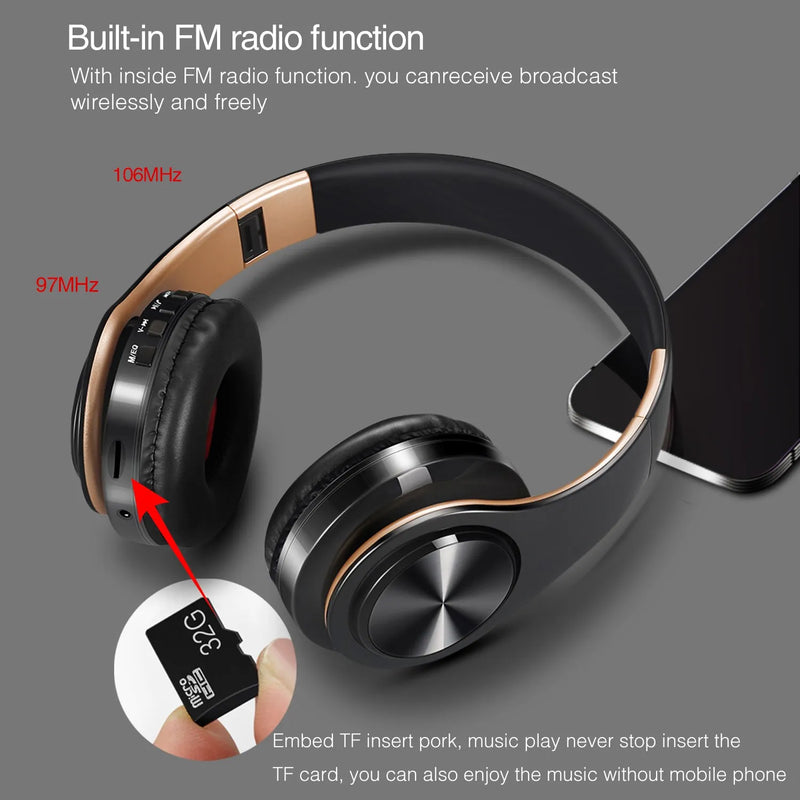 Wireless Bluetooth Headphones Stereo Headset Music Sports Overhead Earphone with Mic for Smart Phone TV PC Tablet
