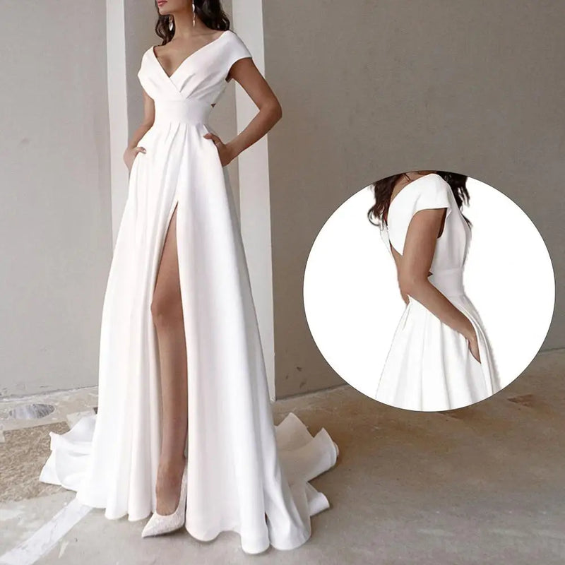 Popular White Side Slit Party Dress Fashion Evening Dress Side Split Evening Dress With Pockets for Evening Party