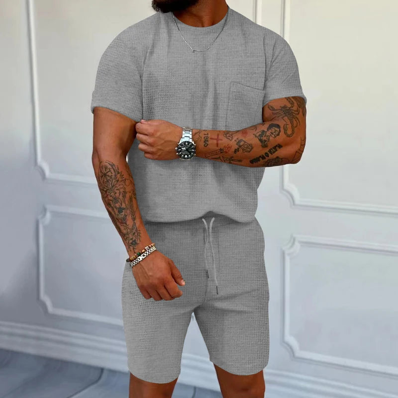 Summer Casual Breathable Two Piece Sets Men Vintage Pure Color Pocket Short Sleeve T Shirt And Shorts Mens Outfits Vintage Suits