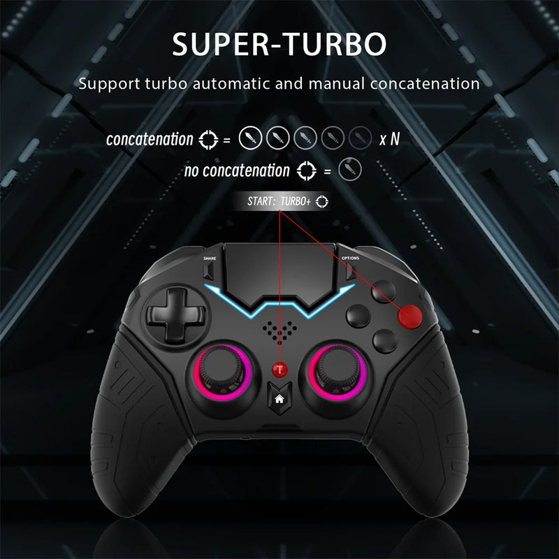 NE Controller for PS4, PS3 PC iPhone Wireless Bluetooth Gamepad Remote Control Programmable Turbo 6-axis Gyro RGB Joystick