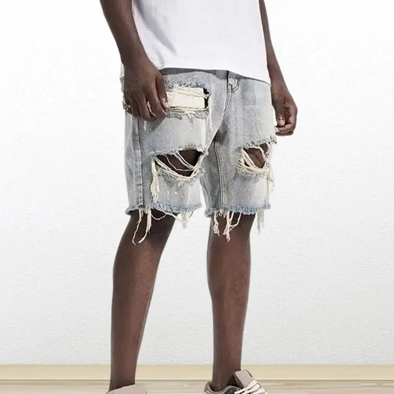 Deformed-resistant Denim Shorts Men's Summer Distressed Denim Shorts Straight Fit Ripped Holes Knee Length Jeans with Multi