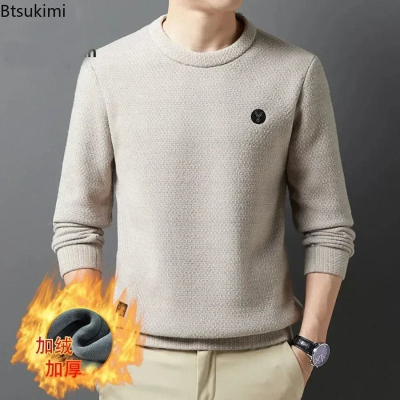 2024 Men's Thick Warm Sweater Autumn Winter Round Neck Casual Sweater Pullovers Tops Solid Plush Thickened Sweater Men Clothes