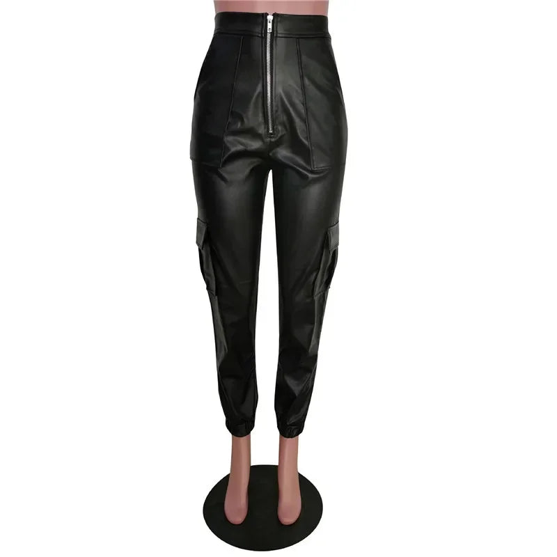 Fashion Loose PU Faux Leather Cargo Pants Pantalones De Mujer Sweatpants Zipper Pocket Casual Calças Leather Trousers Women 2023