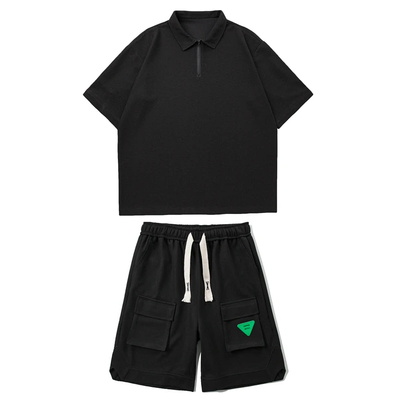 Short Sleeve Polo Shirts+Shorts Fashion Waffle Loose Casual Men's Sets Simple Turn Down Collar Streetwear Green Plus Size 5XL-M