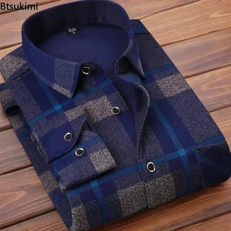 2024 Men's Autumn Winter Casual Long Sleeve Plaid Shirt Thick Warm Men's Casual High Quality Soft Large Size Warm Shirt Tops 4XL