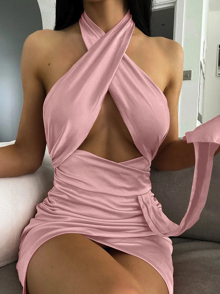 Sexy Halter Sleeveless Bodycon Mini Dress Women's Backless Party Dating Dresses Ribbon Hollow Out Nightclub Wear