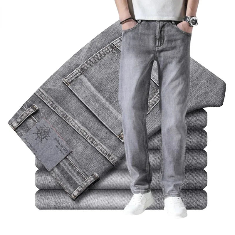 Cotton Stretch Jeans Business Casual Men's Thin Denim Jeans Grey Spring Summer Brand New Fit Straight Lightweight