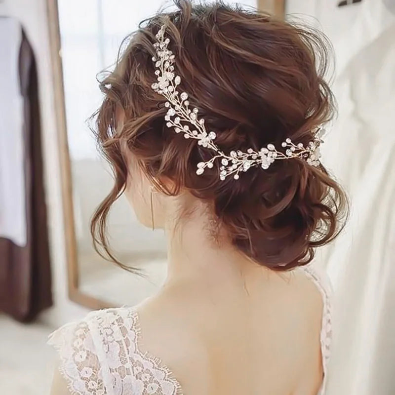 Crystal Pearl Bridal Tiaras Hairbands Hairpins Bridesmaid Diamante Hair Vine Accessories Wedding Jewelry 35cm Headwear French