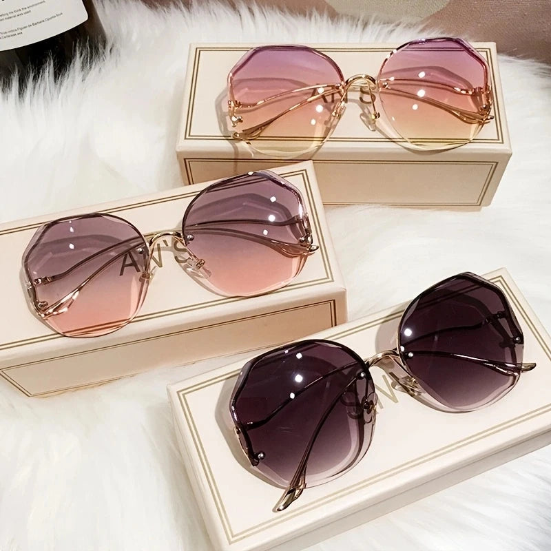 Rimless Sunglasses Polygon Fashion Popular Women Men Shades Big Frame Round Sun Glasses for Female Oculos Gradient Sunglasses