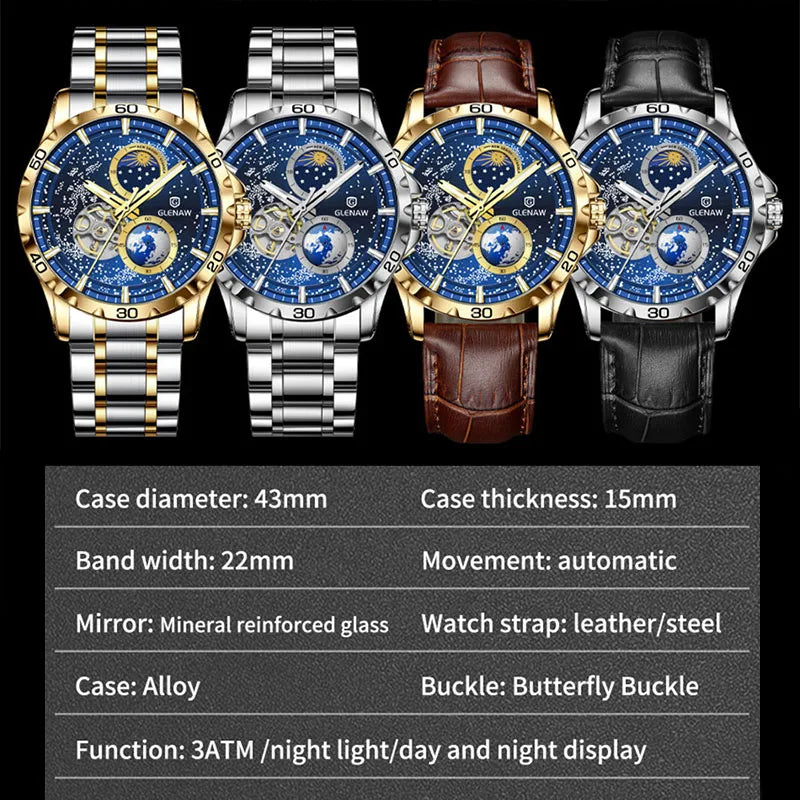 GLENAW Rotating Earth Double Second Hand WristWatch Men Automatic Mechanical Watch Starry Sky Stainless Steel Leather Watchband