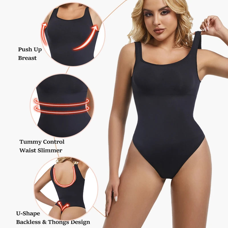 Seamless Bodysuit Women Shapewear Tummy Control Square Collar Tank Top U-Shape Backless Body Shaper Thongs Underwear Slim Waist