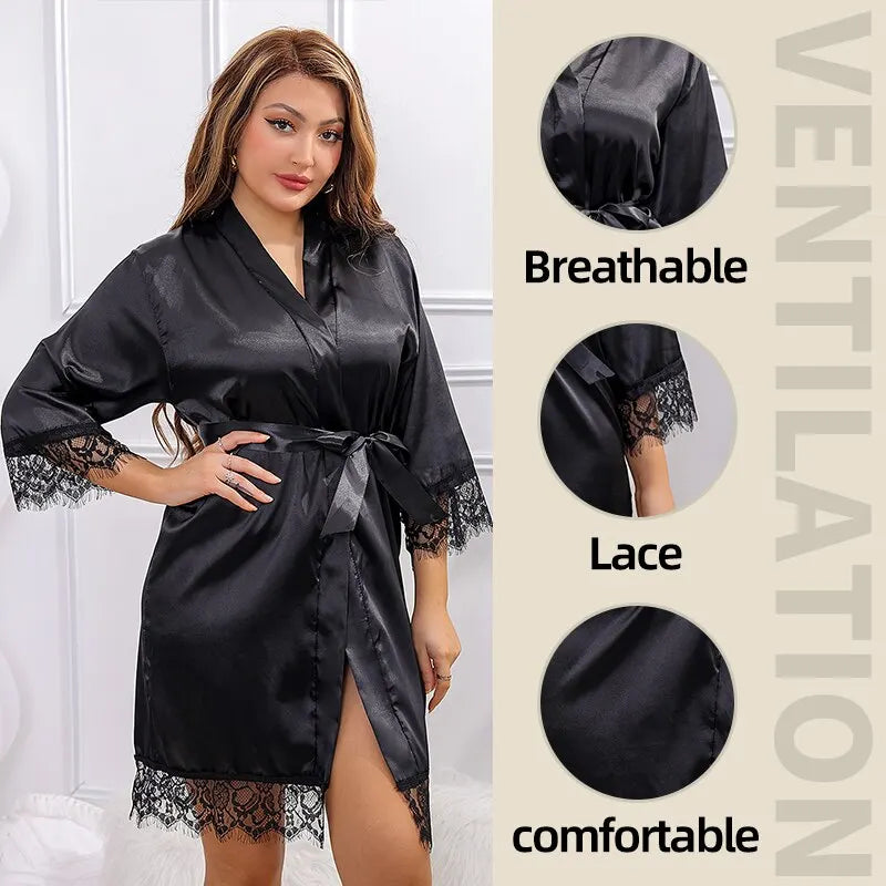 Women Ice Silk Pajamas Robes Sleepwear Nightgowns Nightdress Red Black L XL Lace Smooth Soft Comfortable Casual Pure Color