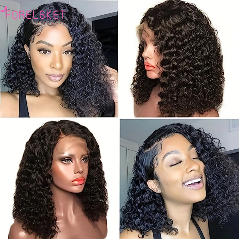 Deep Wave 180% Density Pre-Plucked Side Part Short Bob 13*5*1 Lace Frontal Brazilian Virgin Human Hair Wigs For Black Woman