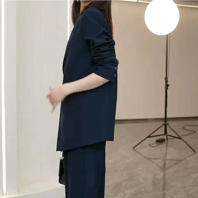 Women's Spring Autumn New Casual Suit Jacket Matching Set Korean Elegant Loose Blazers Wide Leg Pants Two Piece Female Clothing
