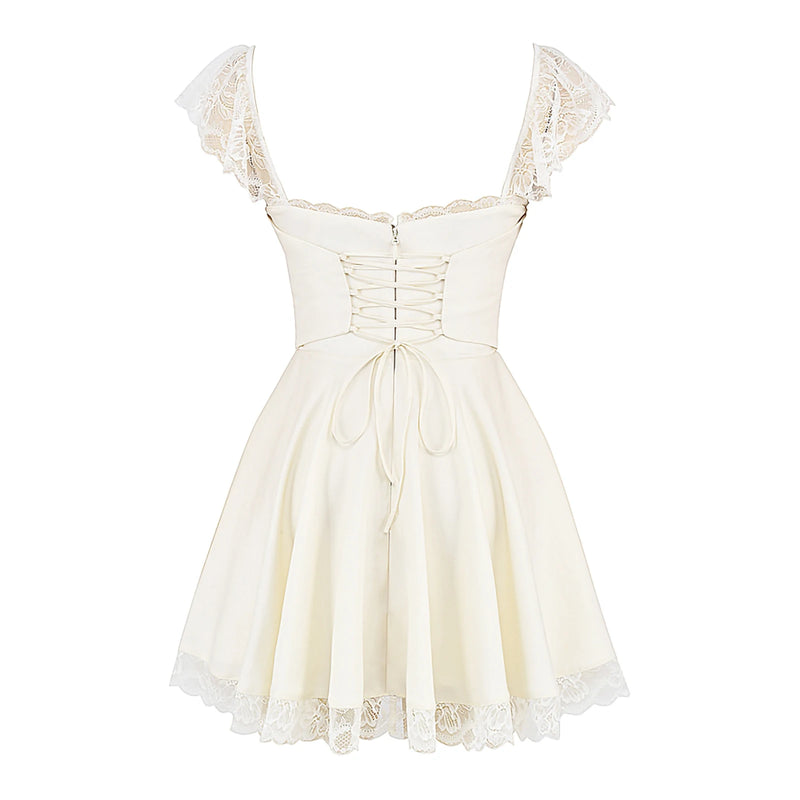 Women Fairy Vintage Lace Mini Dress Ruffle V Neck Spaghetti Strap Short Dress Aesthetic Grunge Dress Y2k Streetwear
