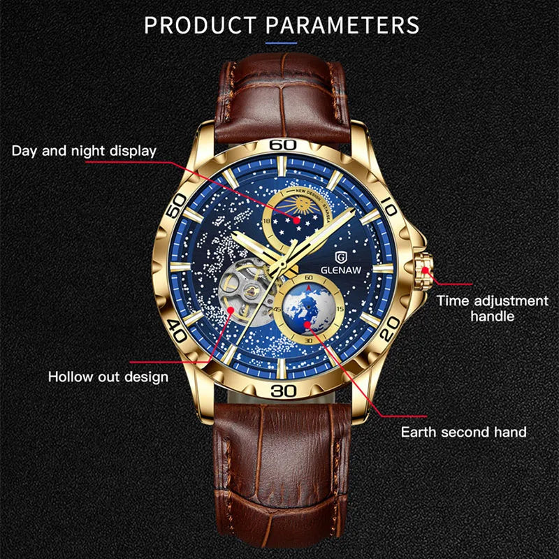 GLENAW Rotating Earth Double Second Hand WristWatch Men Automatic Mechanical Watch Starry Sky Stainless Steel Leather Watchband