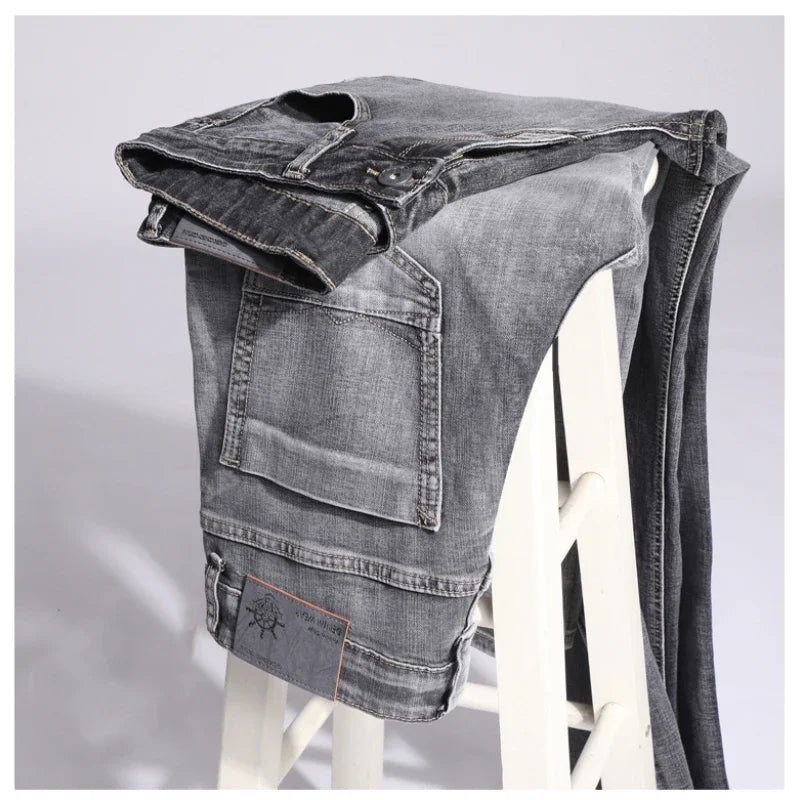 Cotton Stretch Jeans Business Casual Men's Thin Denim Jeans Grey Spring Summer Brand New Fit Straight Lightweight