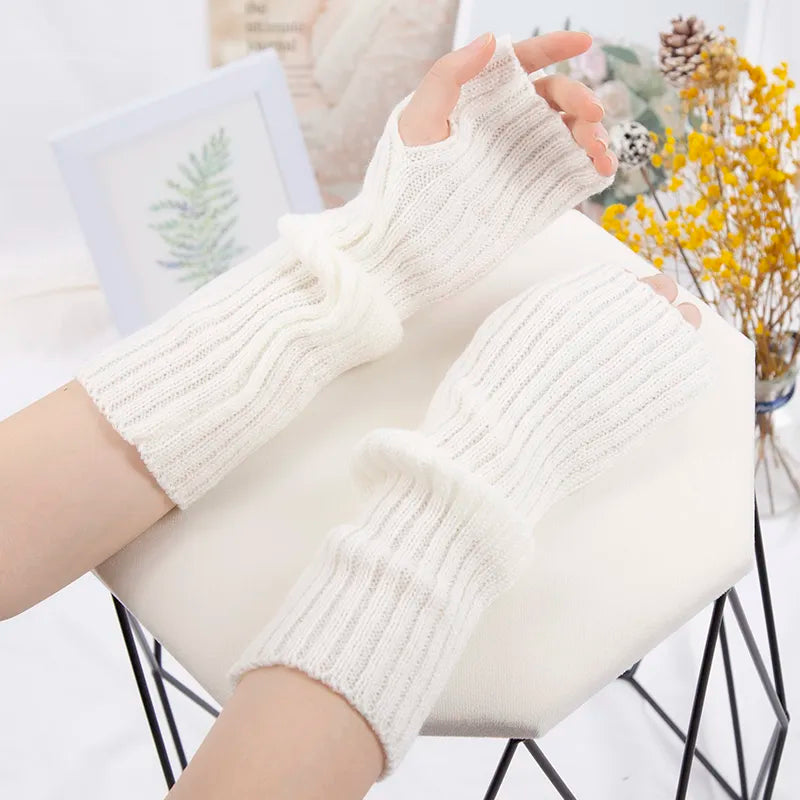 Long Fingerless Gloves Women Mitten Winter Arm Warmer Kawaii Knitted Sleeve Soft Girls Anime Clothes Punk Gothic Lolita Gloves