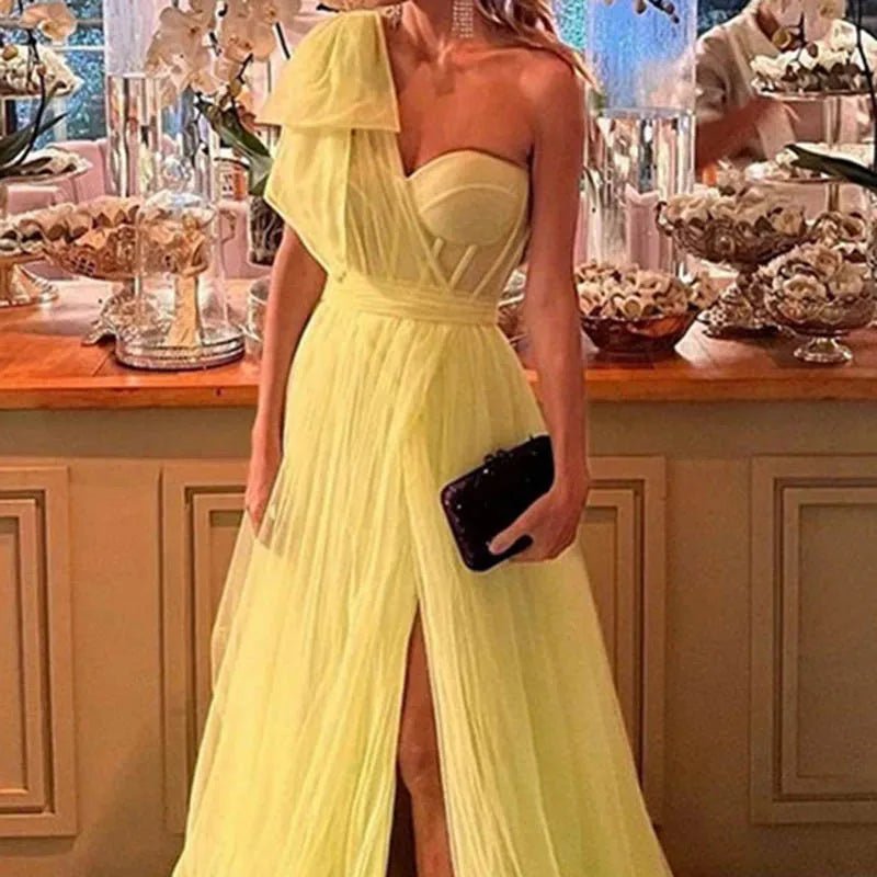 Yellow One Shoulder Prom Dresses For Party Tulle Front Side Split Evening Women Dresses 2024 Sweetheart Bow Tie Elegant Gowns