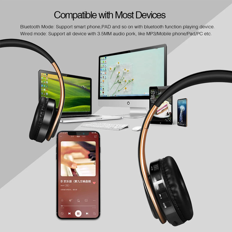 Wireless Bluetooth Headphones Stereo Headset Music Sports Overhead Earphone with Mic for Smart Phone TV PC Tablet