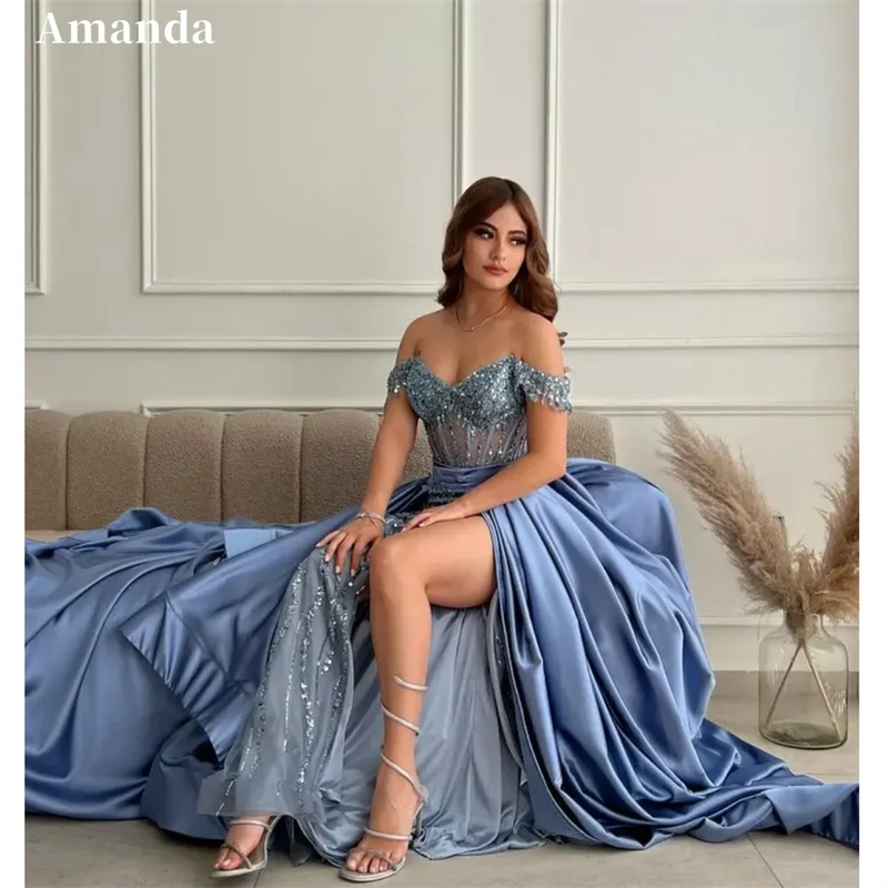 Amanda 2024 Sexy Blue Off Shoulder Vestido De Novia Luxury Sequins Mermaid Prom Dress 2024 Side Split Trumpet Evening Dress