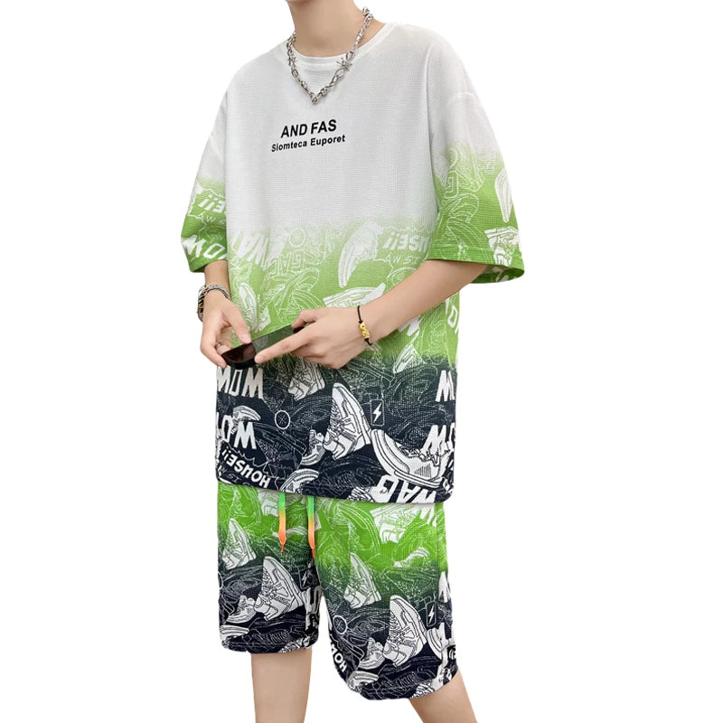 2024 Summer Fashion New Men's Sports Wear Sets Men's Print Short sleeved T-shirt+Shorts Suit Men Casual 2-piece Set