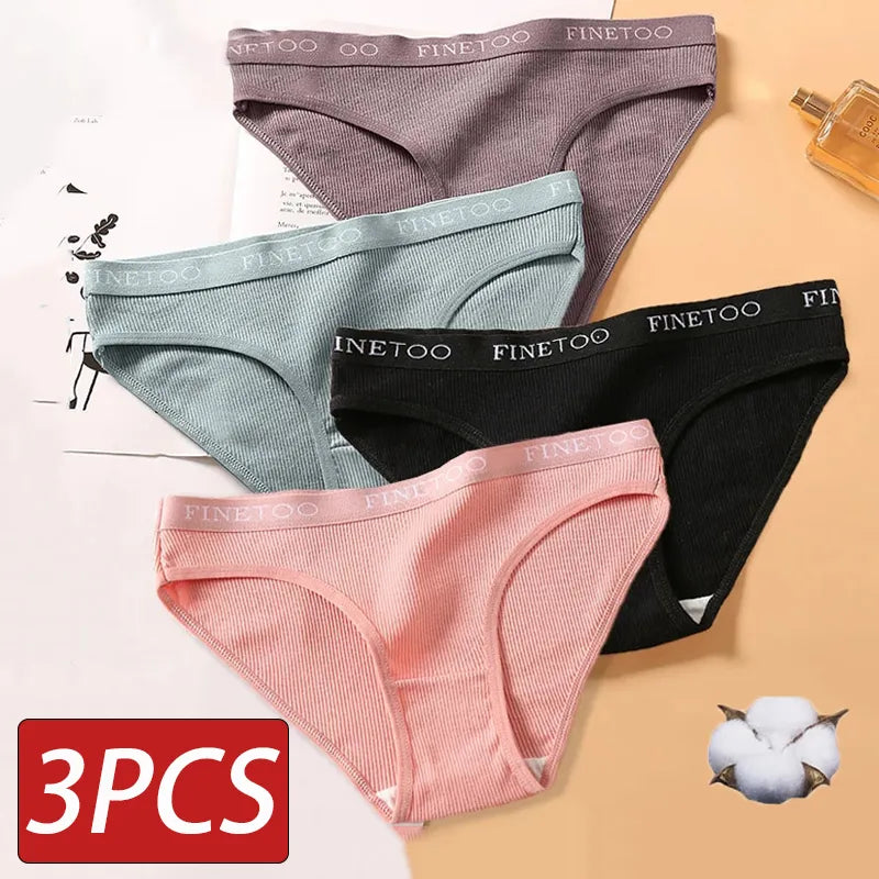 FINETOO Women's Cotton Briefs Women's Panties Sexy Female Underpants Solid Color Panty Intimates Women Underwear M-2XL 3PCS/Set