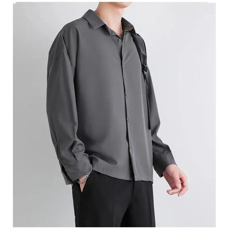 Premium Men Ice Silk Shirt Spring Summer Thin Luxury Loose Korean Business Shirt Solid Trendy Ruffle Draping Shirt Jacket B0142
