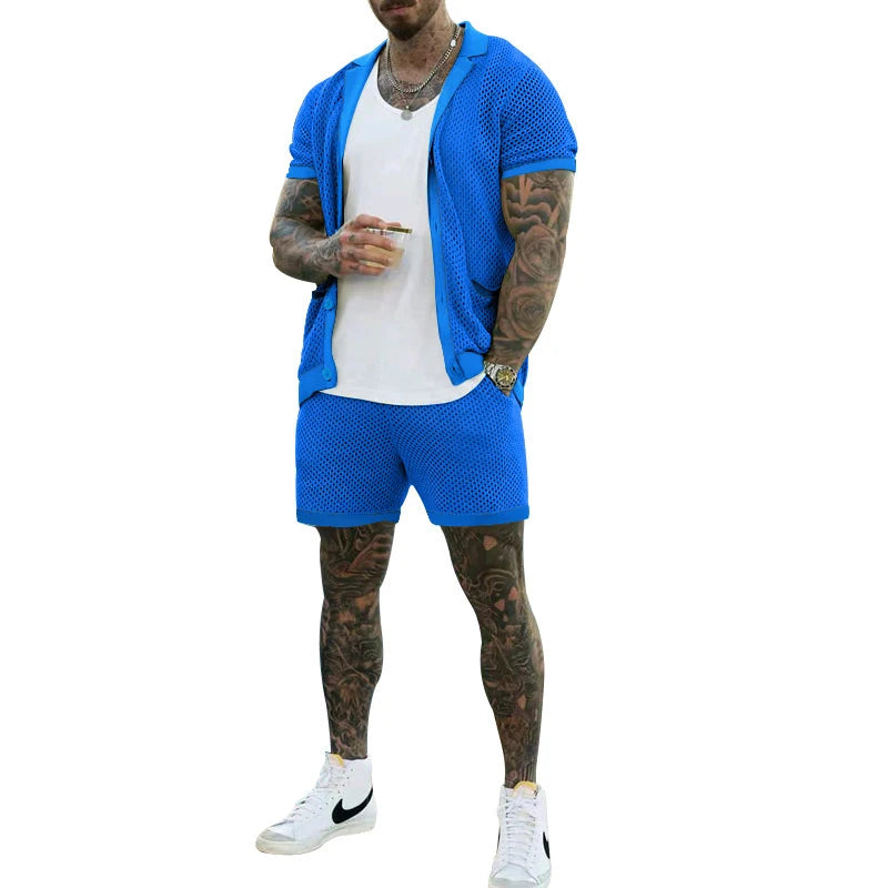 Summer Fashion Hollow Out Mesh Two Piece Sets Men Casual Pure Color Short Sleeve Shirt And Shorts Mens Suits Sexy Beach Outfits