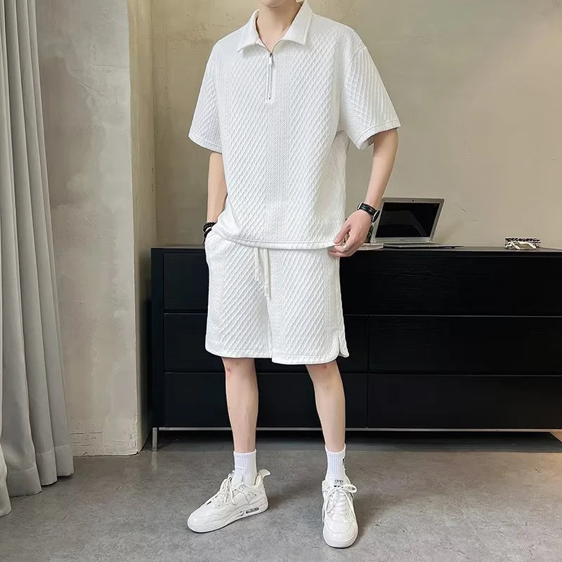 Streetwear Mens Two Piece Sets Casual Pure Color Waffle Short Sleeve Polo Shirt And Shorts Suits For Men Summer Fashion Outfits