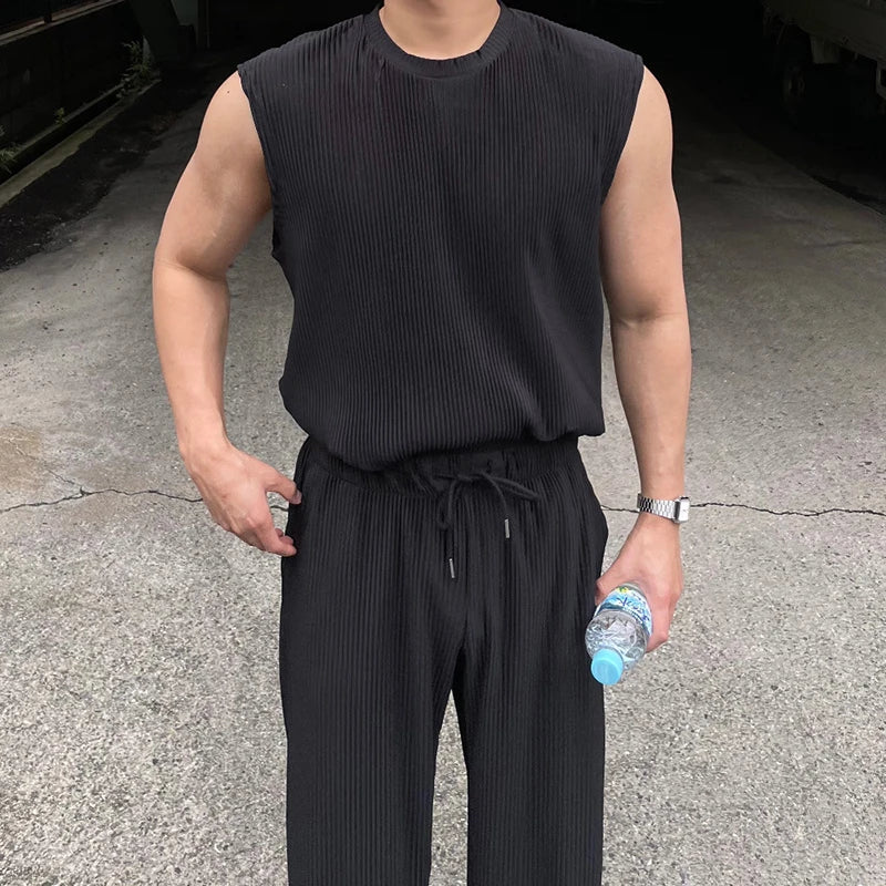 Summer Streetwear Mens Outfits Sleeveless O Neck Casual Tank Tops And Straight Pants Men Two Piece Sets Leisure Breathable Suits