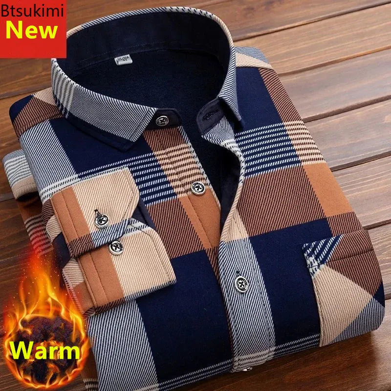 2024 Men's Autumn Winter Casual Long Sleeve Plaid Shirt Thick Warm Men's Casual High Quality Soft Large Size Warm Shirt Tops 4XL