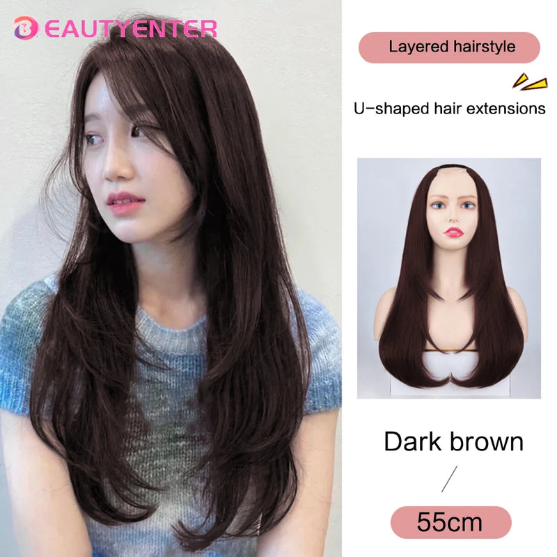 BEAUTY U-shaped Hair Extension Synthetic Hair Long Straight Clip In Hair Extensions False Hair Black Ren Hair Pieces for Women