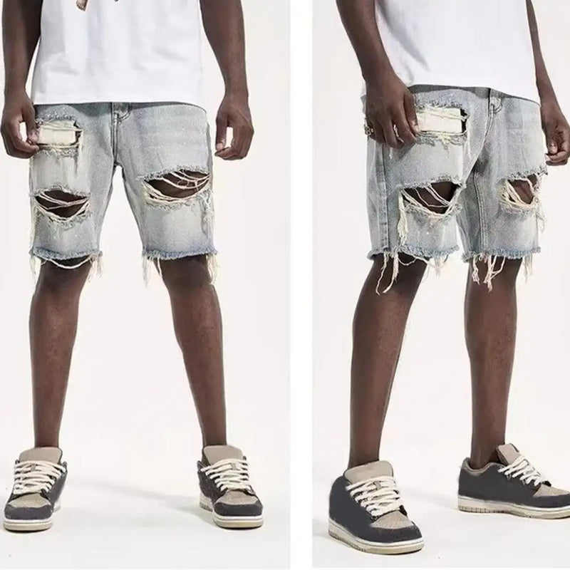 Deformed-resistant Denim Shorts Men's Summer Distressed Denim Shorts Straight Fit Ripped Holes Knee Length Jeans with Multi