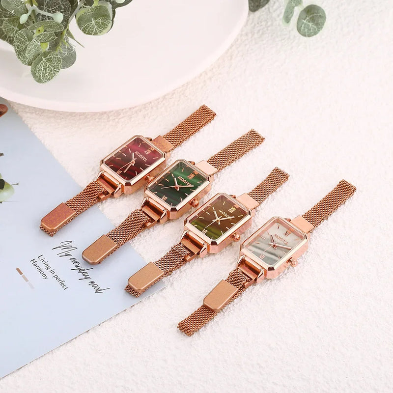 Women Watches Fashion Square Ladies Quartz Watch Magnetic Strap Green Dial Simple Rose Gold Mesh Luxury Women Watches