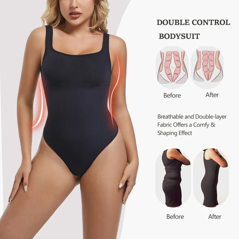 Seamless Bodysuit Women Shapewear Tummy Control Square Collar Tank Top U-Shape Backless Body Shaper Thongs Underwear Slim Waist