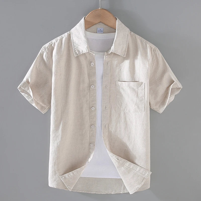 Cotton Linen Hot Sale Men's Short-Sleeved Shirts Summer Streetwear Plain Color Stand Collar Casual Beach Style Plus Size M-3XL