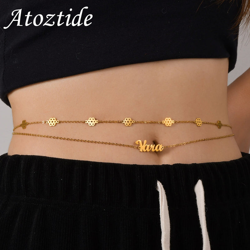 Atoztide Personalized Custom  Names Zircon 2 Layer Waist Chain for Women Stainless Steel Sexy Body Chain Birthday Jewerly Gift