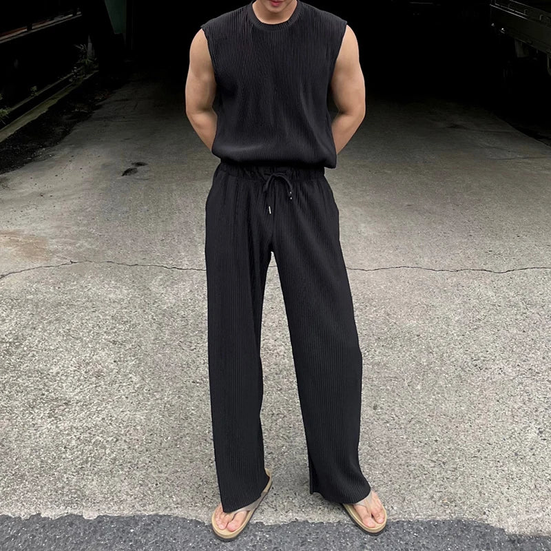 Summer Streetwear Mens Outfits Sleeveless O Neck Casual Tank Tops And Straight Pants Men Two Piece Sets Leisure Breathable Suits