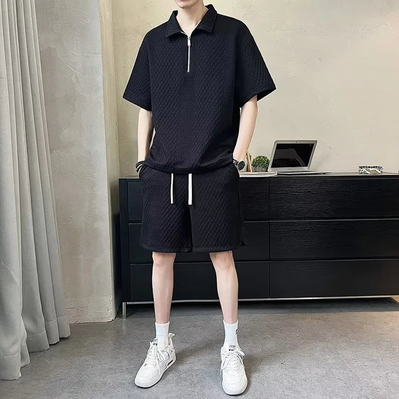 Streetwear Mens Two Piece Sets Casual Pure Color Waffle Short Sleeve Polo Shirt And Shorts Suits For Men Summer Fashion Outfits